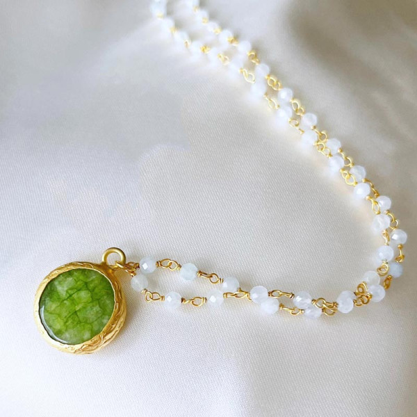 Halskette Aquamarin-Rondellen-Goldkette mit grünen Achat-Anhänger