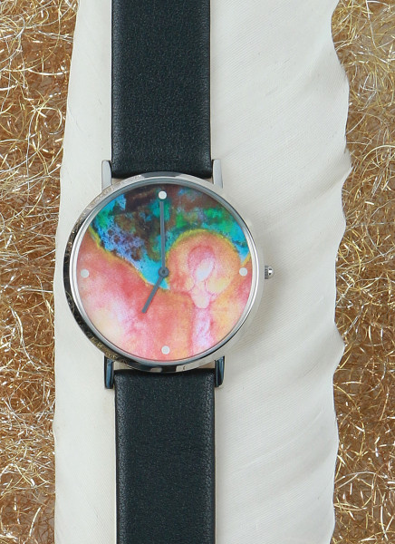 Armbanduhr "Engel der Lebensfreude", Schwarzes Leder-Armband